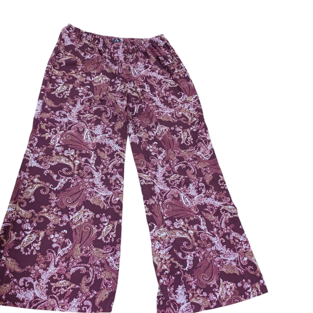 Jay Lee XL Paisley Wide Leg Palazzo Pants Boho Festival 70s Maroon Cream Stretch - Picture 5 of 9